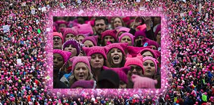 pink pussy cat hasts in a sea of pink protestors