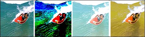 Four versions of a surfer on a wave