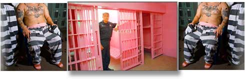 Pink jail cell and prisoners