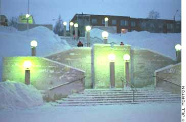 Steps outside the Arktikum Museum during Blue Moment